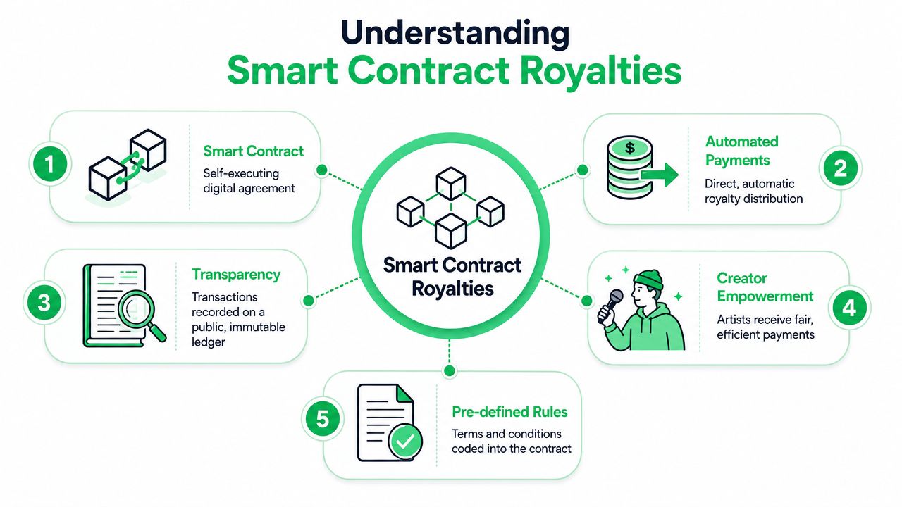 A diagram explaining how smart contract royalties work through five key automated, transparent, and creator-focused steps.
