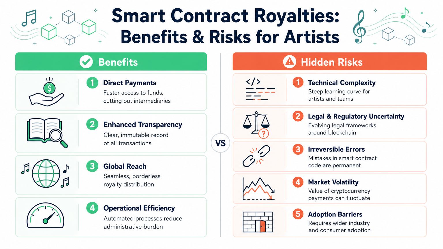 An infographic detailing the various benefits and hidden risks of smart contract royalties for digital artists.