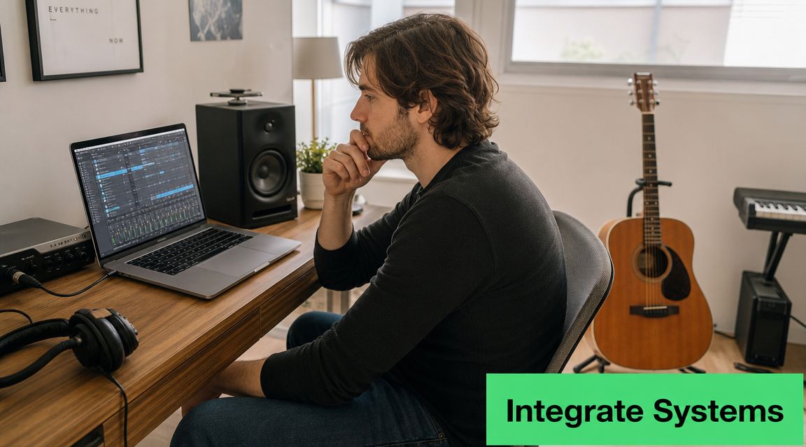 A young man sitting at a wooden desk working on music production on his laptop computer.