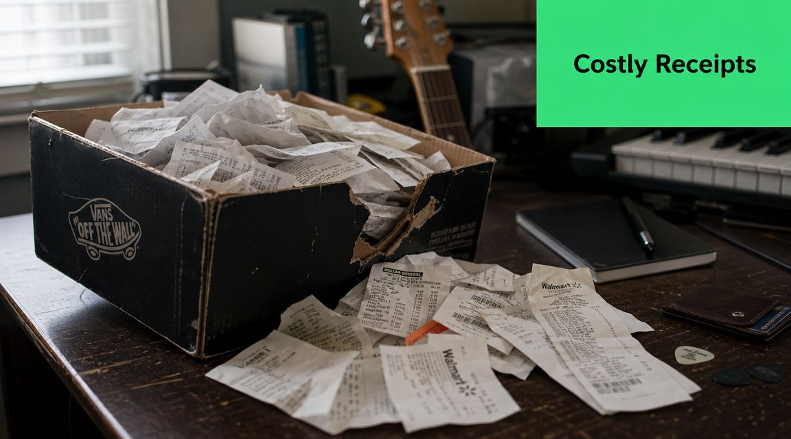 A cardboard shoe box overflowing with crumpled receipts sitting on a wooden desk next to musical equipment.