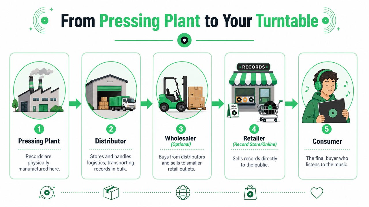 An infographic illustrating the step-by-step supply chain process of vinyl records from manufacturing to the final consumer.