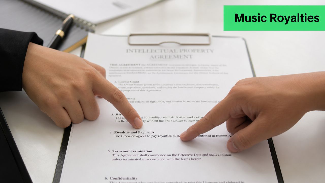 Two people pointing at a legal document regarding intellectual property rights and music royalty payments.