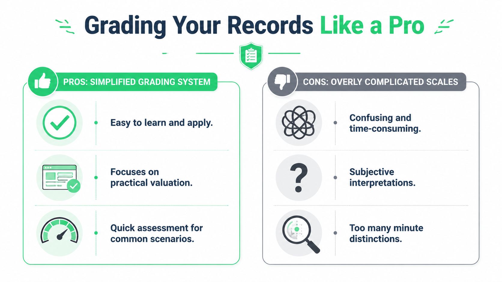 A comparison infographic showing pros of a simplified grading system versus cons of overly complicated scales for records.