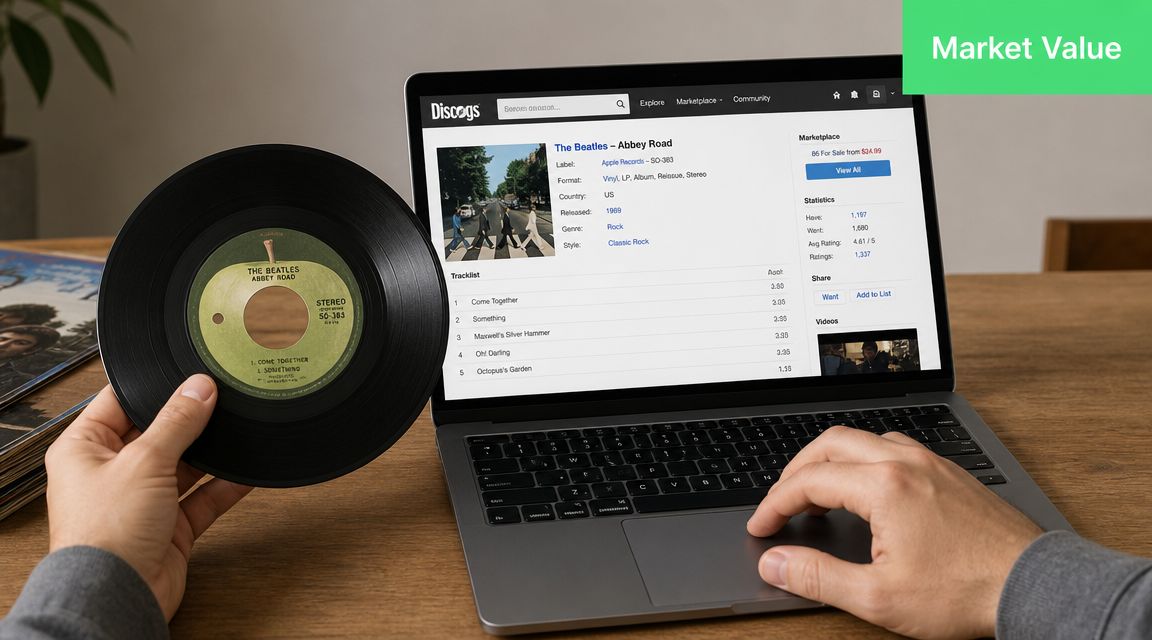 A person holding a vinyl record while browsing the Discogs website on a laptop computer screen.