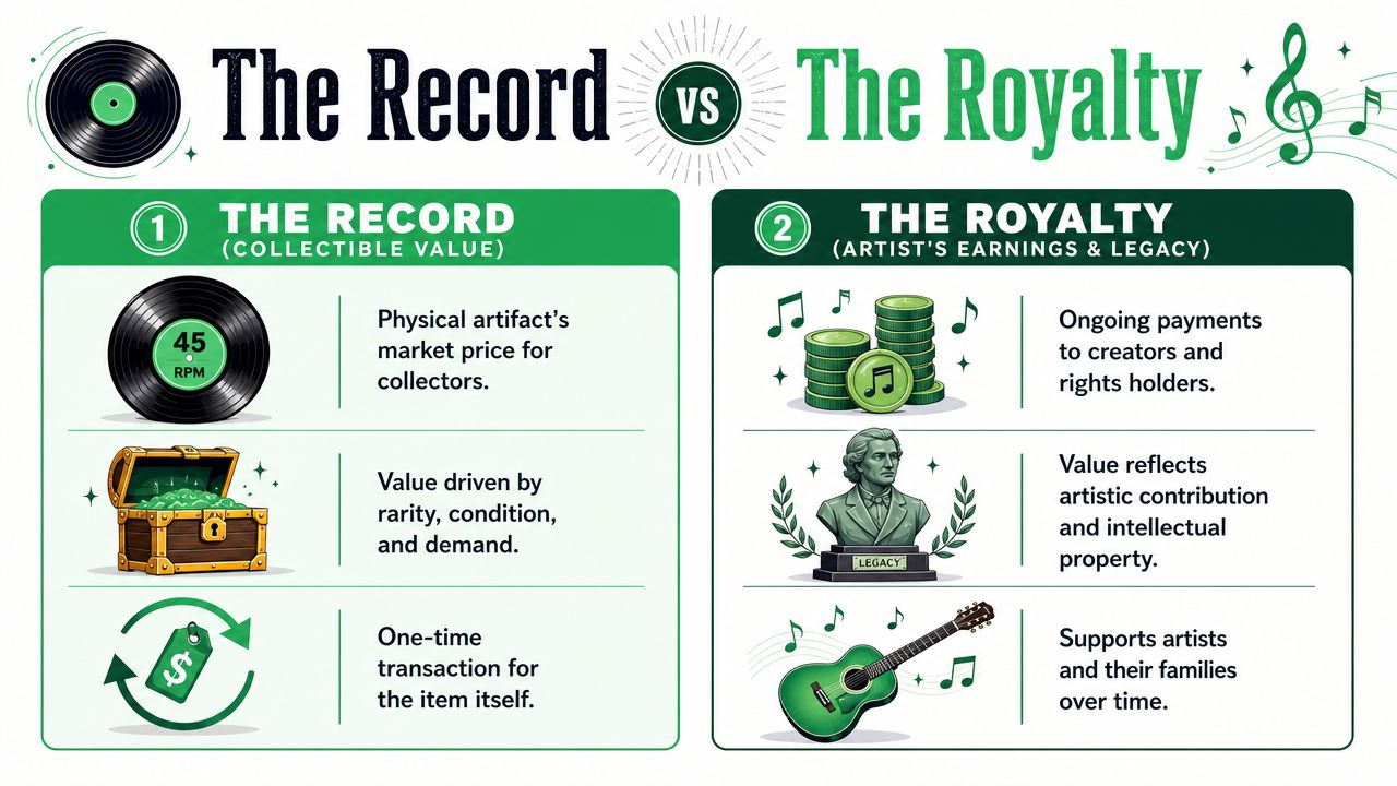 A comparative infographic illustrating the differences between the physical collectible value of vinyl records and music royalties.