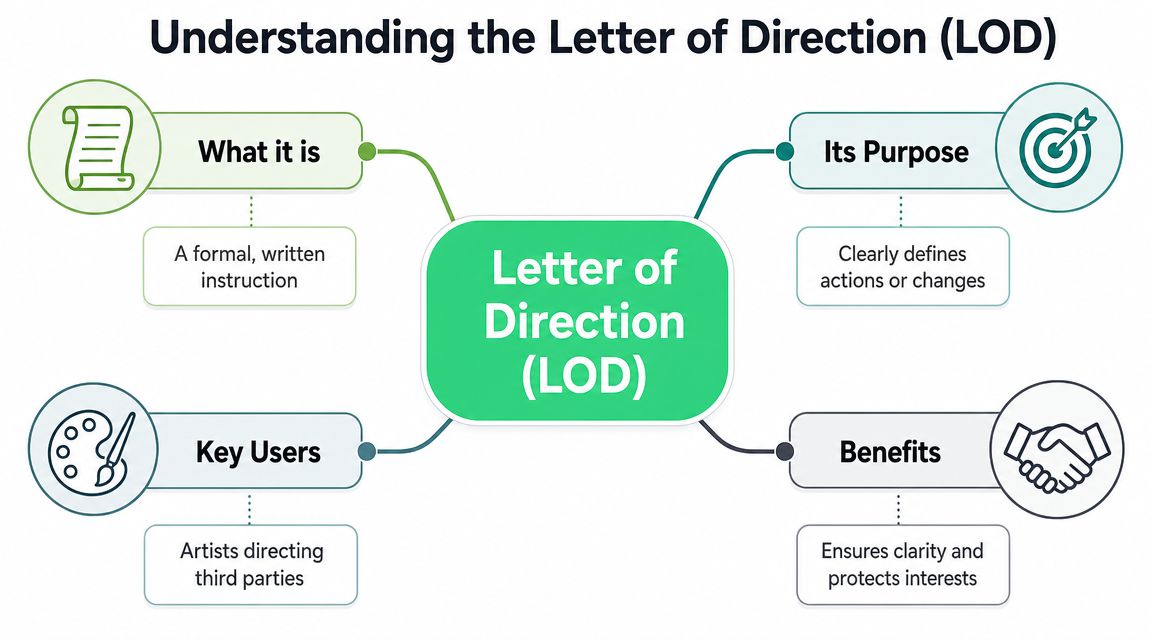 A diagram infographic explaining the concept, purpose, users, and benefits of a Letter of Direction.
