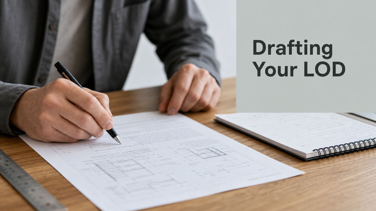 A professional architect drafting a letter of direction on a blueprint at a wooden desk.