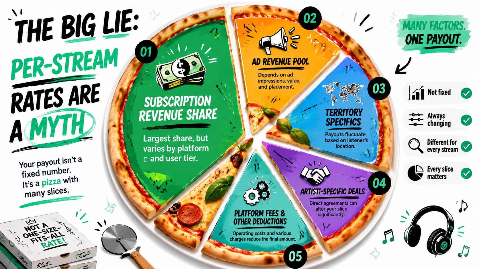 An infographic representing music streaming platform payouts as slices of a pizza with various contributing factors.