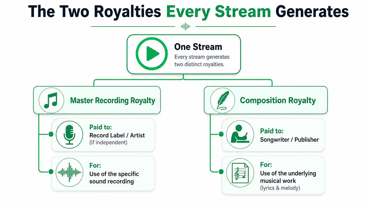 An infographic titled The Two Royalties Every Stream Generates, illustrating the division between master recording and composition royalties.