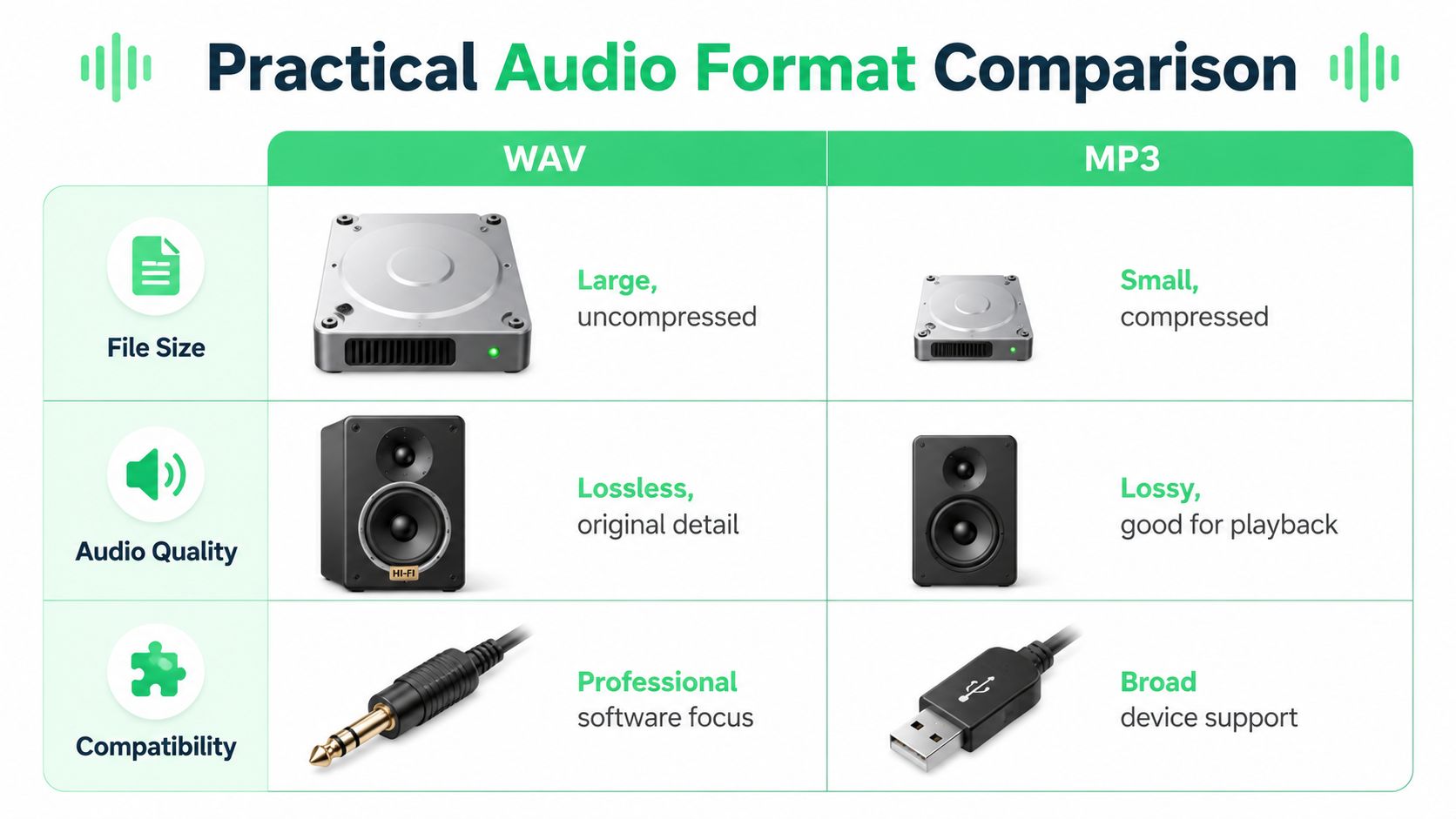 A comparison chart highlighting the key differences between WAV and MP3 audio formats regarding size and quality.