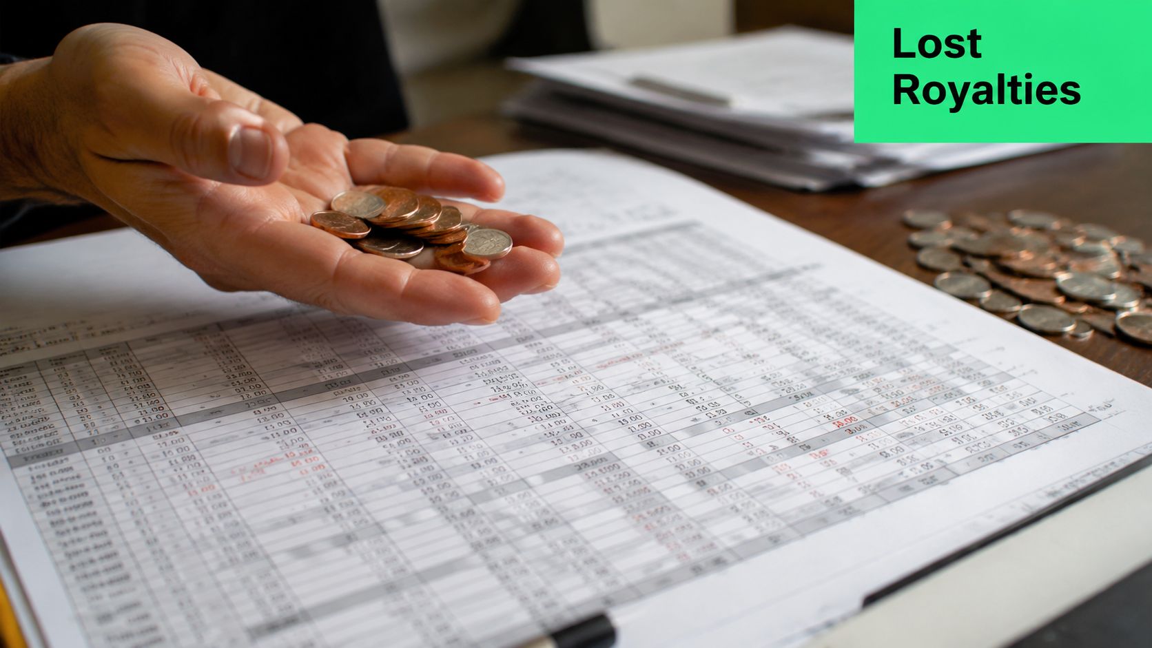 A hand holds a handful of coins over a document filled with financial tables and calculations.