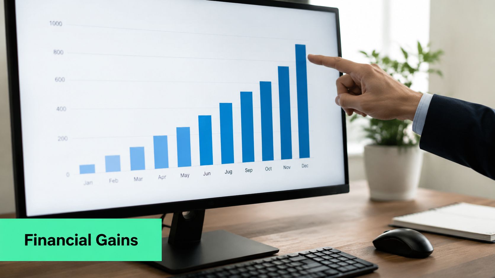 A businessman points at a growing bar chart on a computer monitor showing financial success.