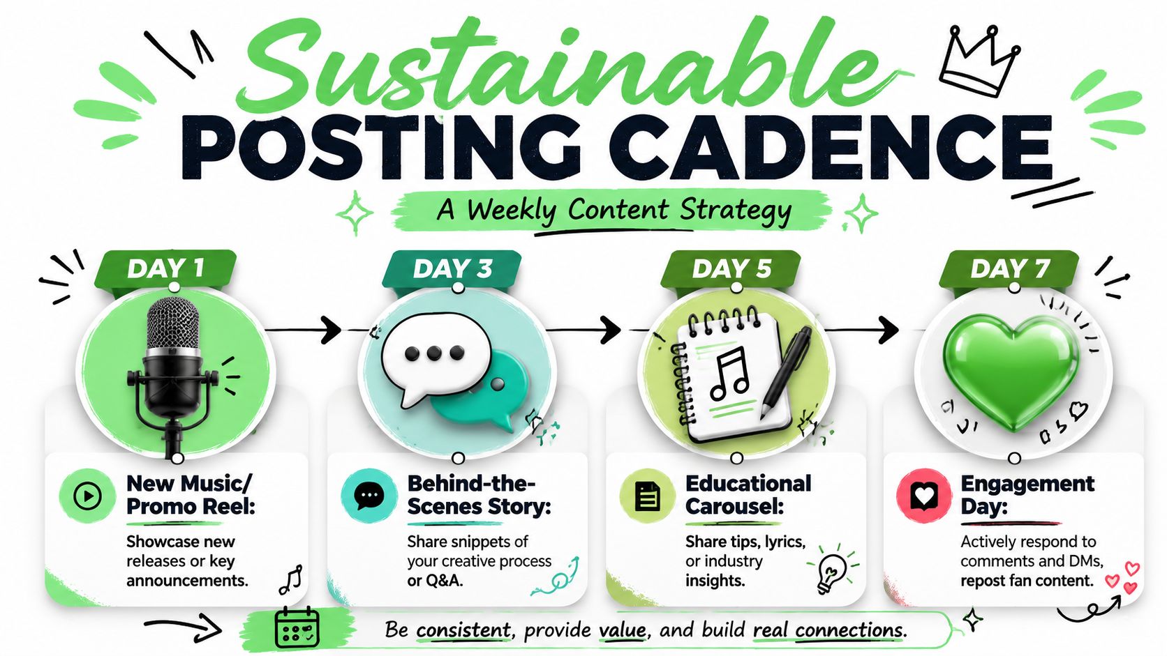 A visual guide for a weekly music promotion content strategy featuring posting ideas for four days.
