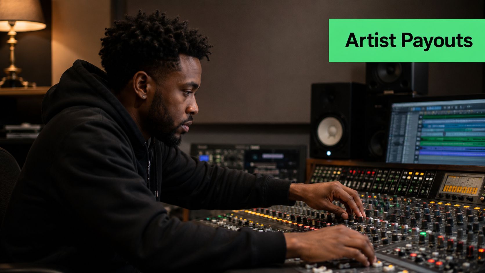 A professional music producer working on a sound mixing console in a dimly lit recording studio.
