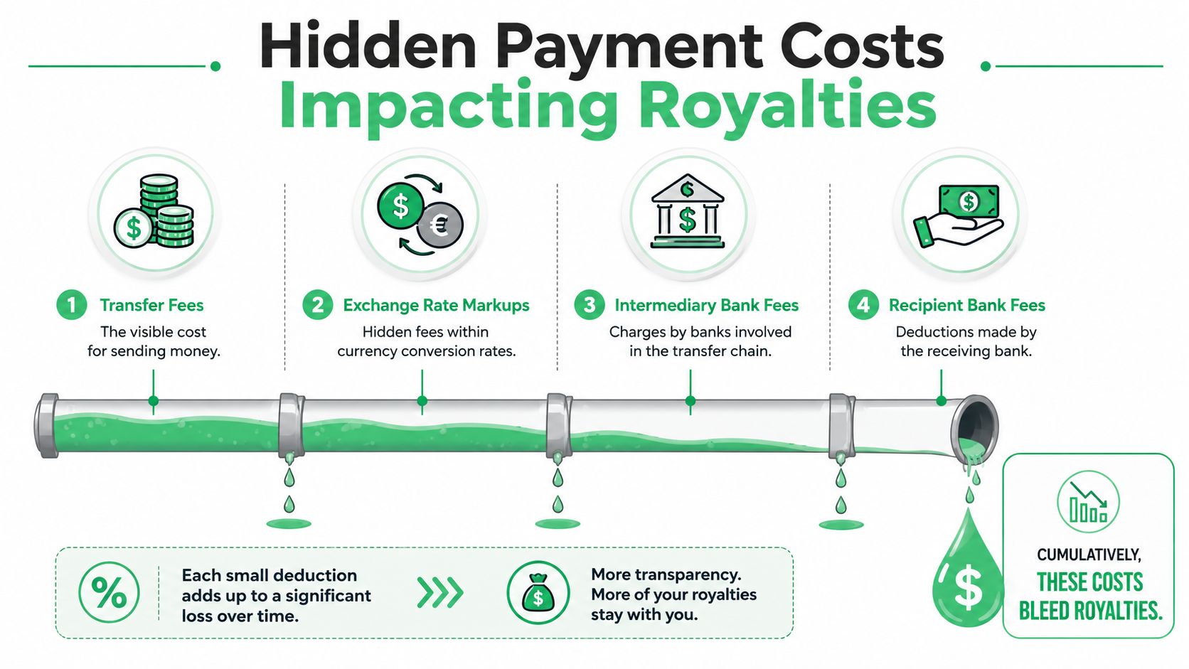 An infographic illustrating four hidden payment fees that reduce royalty earnings through bank transfers.