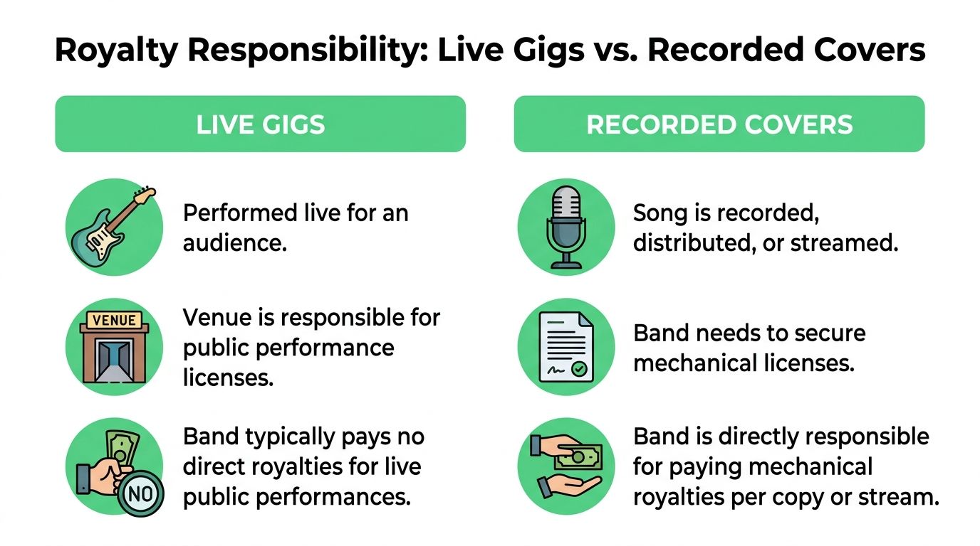 A comparison chart outlining royalty responsibilities for live gigs versus recorded cover songs in the music industry.