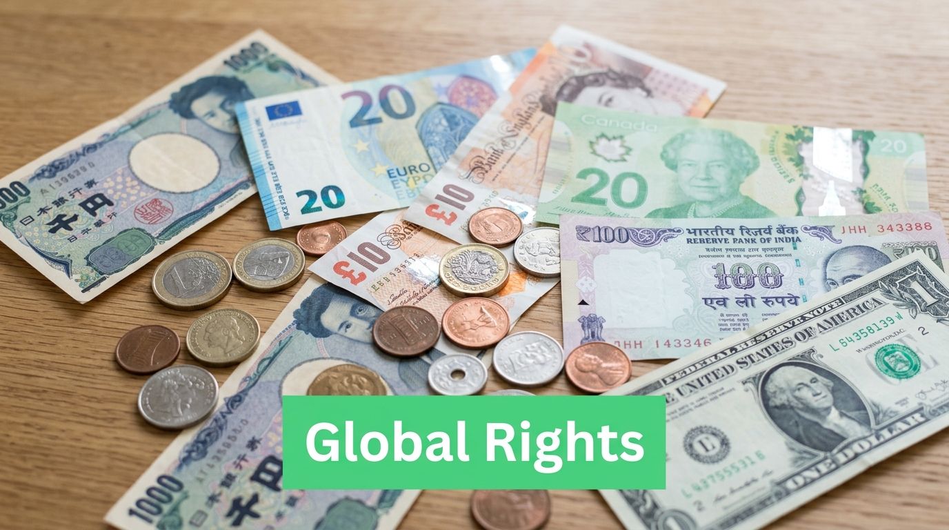An assortment of international banknotes and coins scattered across a light wooden table background.
