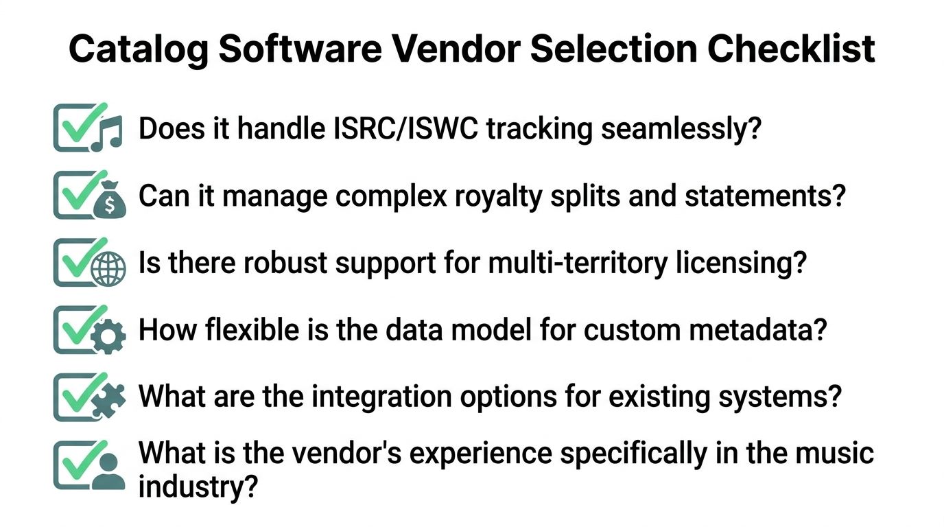 A checklist for selecting music catalog software, highlighting six essential criteria for industry professionals to consider.