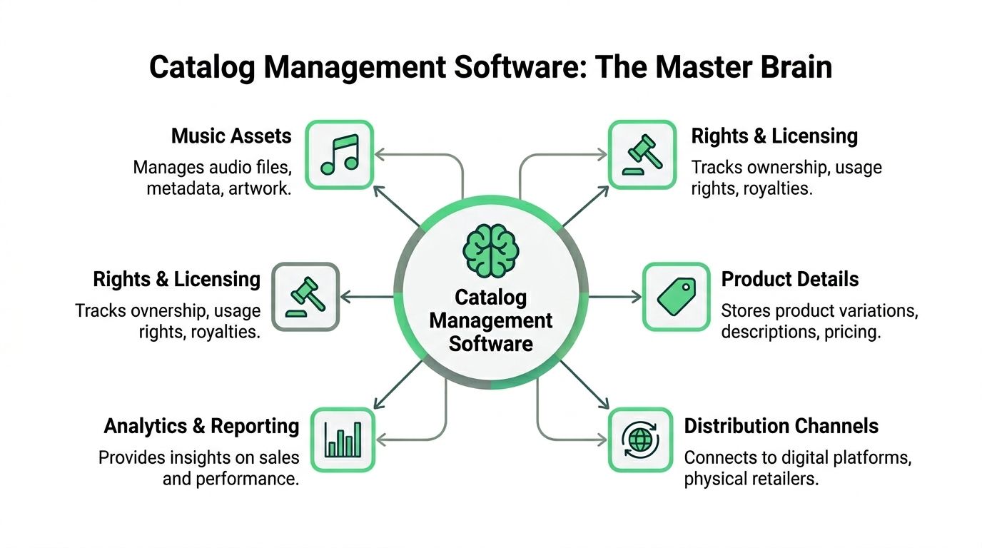 A diagram illustrating the central role of catalog management software in handling music assets and business operations.