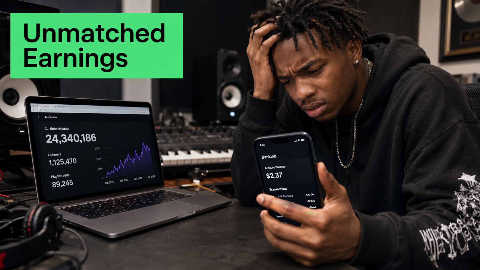 A frustrated musician looking at his low bank balance despite his high music streaming statistics on laptop.