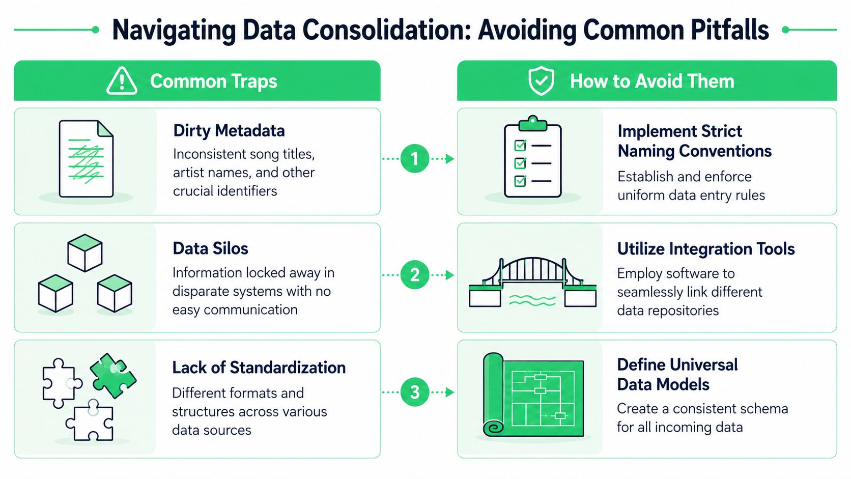 A visual guide illustrating three common data consolidation pitfalls and their corresponding solutions for improved data management.