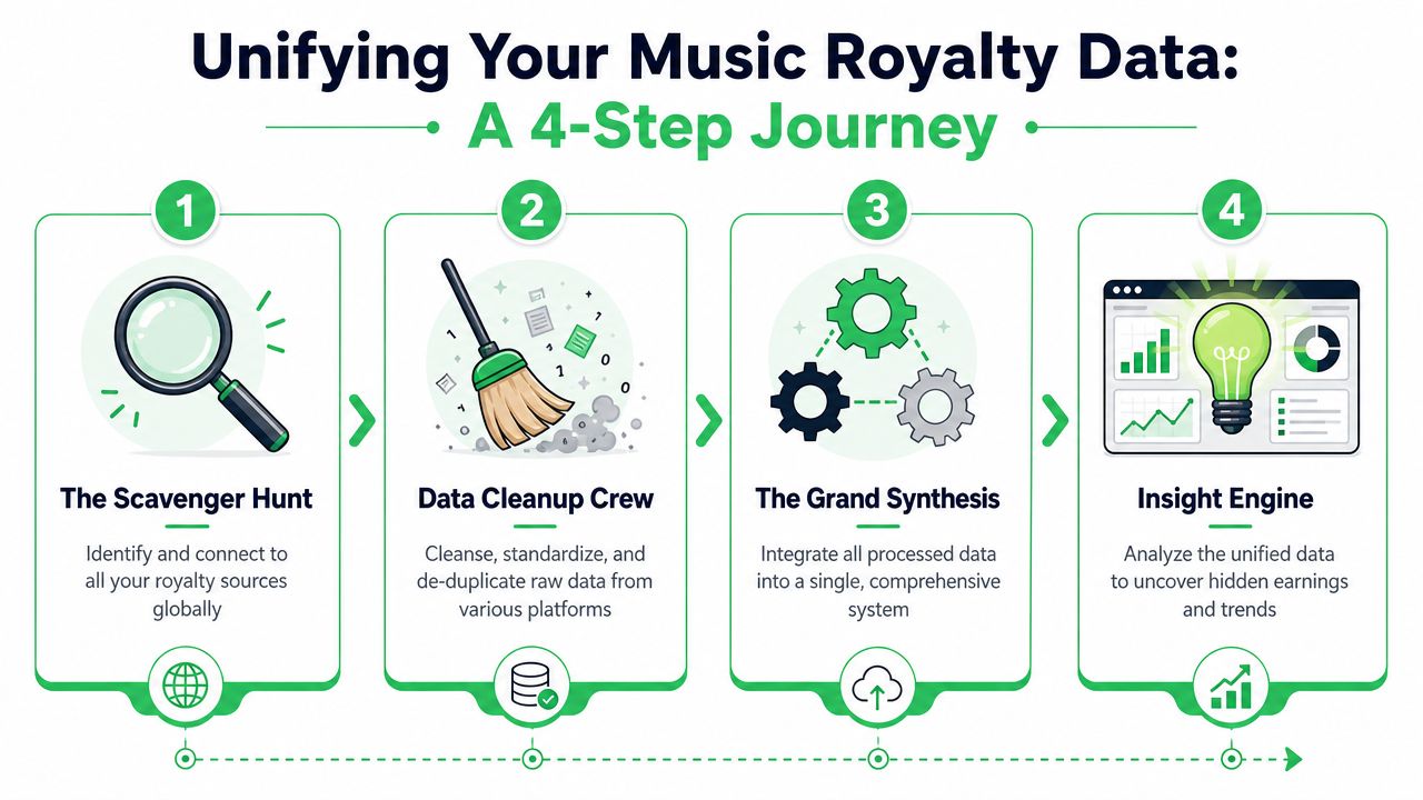 An infographic showing the four-step journey to unifying music royalty data using data consolidation processes.