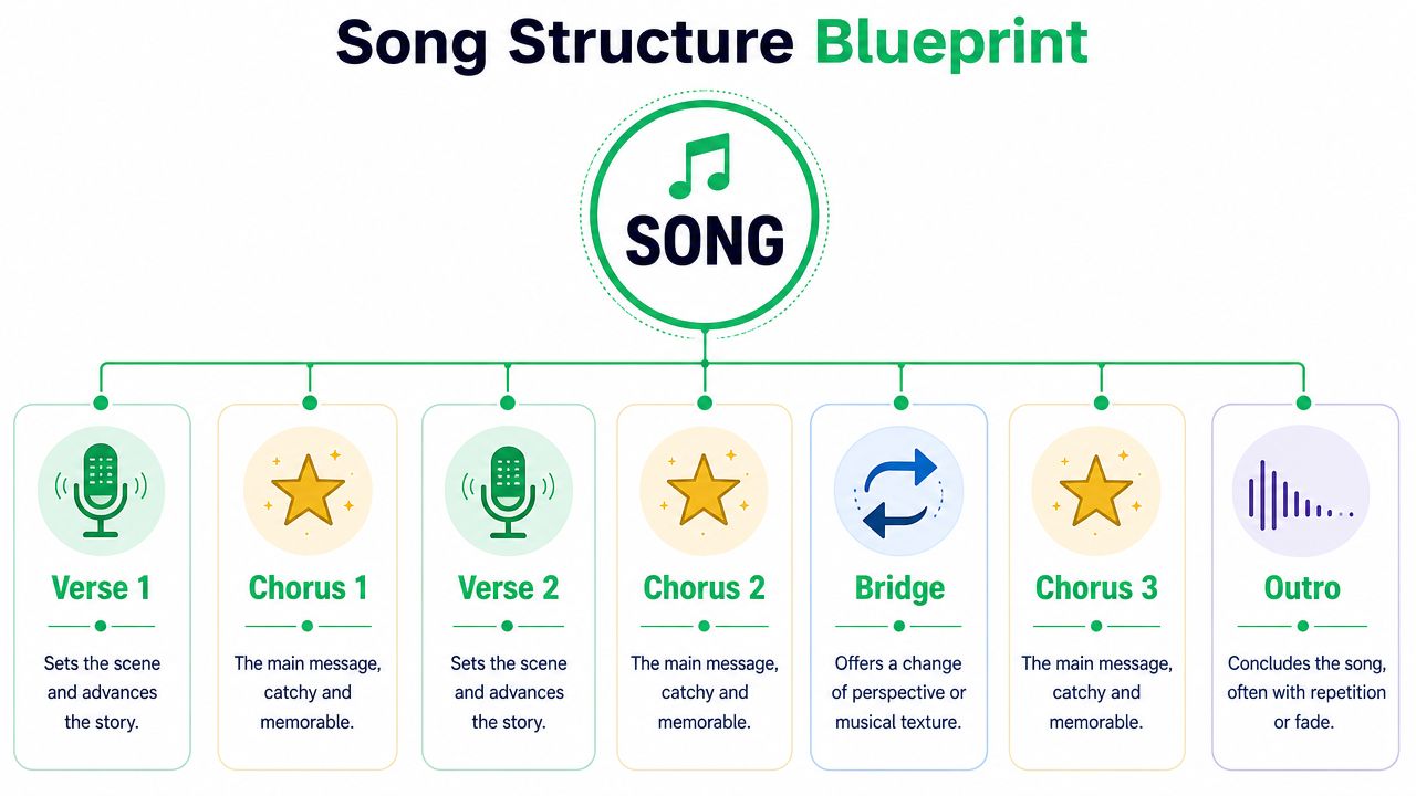 A visual diagram titled Song Structure Blueprint showing the sequential components of a song including verses, choruses, bridge, and outro.