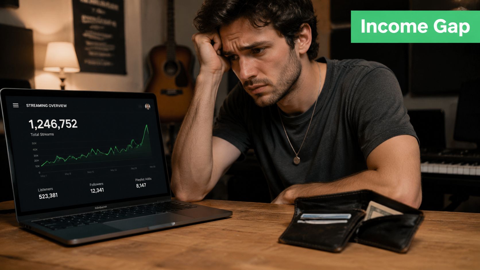 A frustrated musician looking at a laptop displaying high streaming numbers next to an empty wallet.