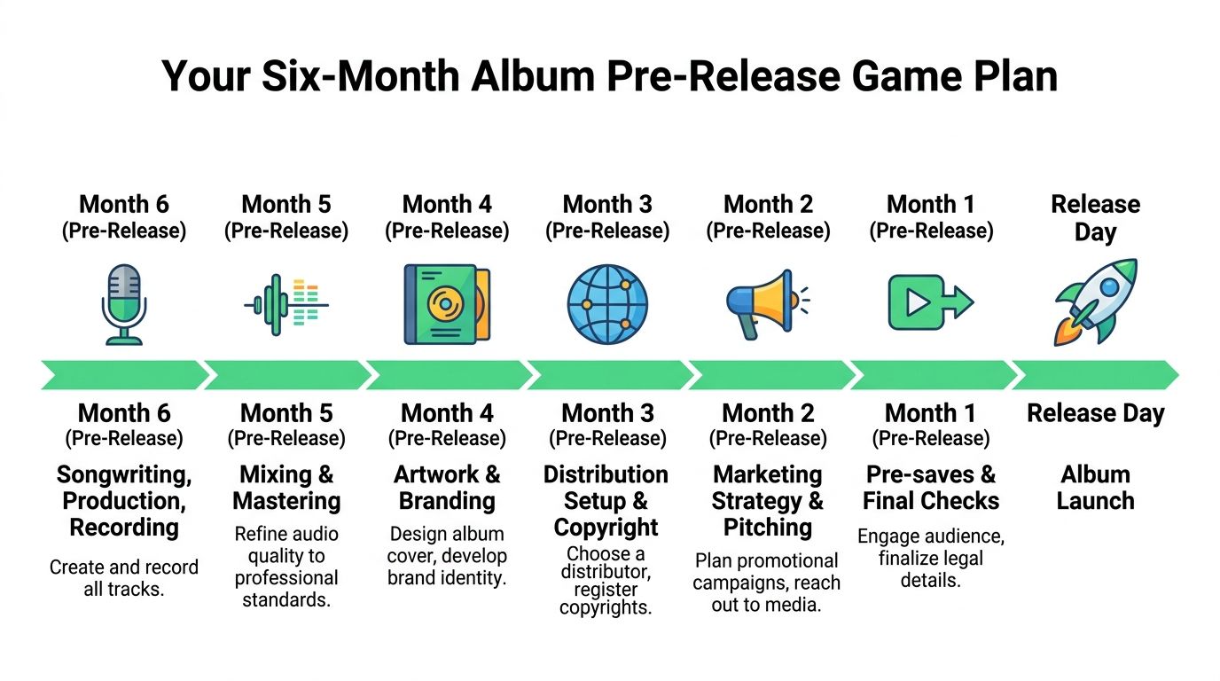 A timeline graphic showing a six-month step-by-step game plan for launching a music album professionally.