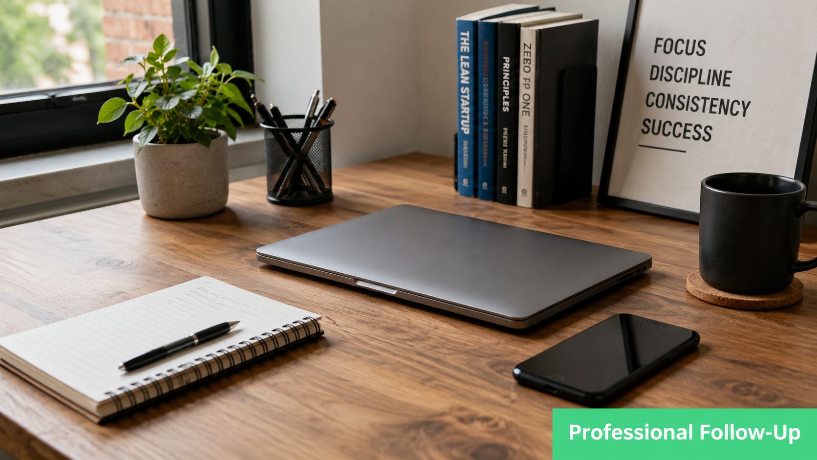 A modern, minimalist workspace featuring a closed laptop, a notebook, and office supplies on a wooden desk.
