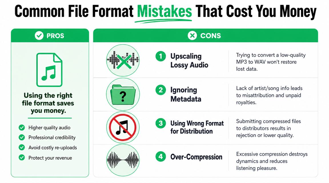 An infographic showing common audio file format mistakes that can cost musicians and producers money.