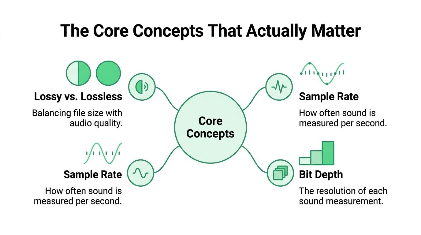 A diagram illustrating the four core concepts of digital audio: lossy vs lossless, sample rate, and bit depth.