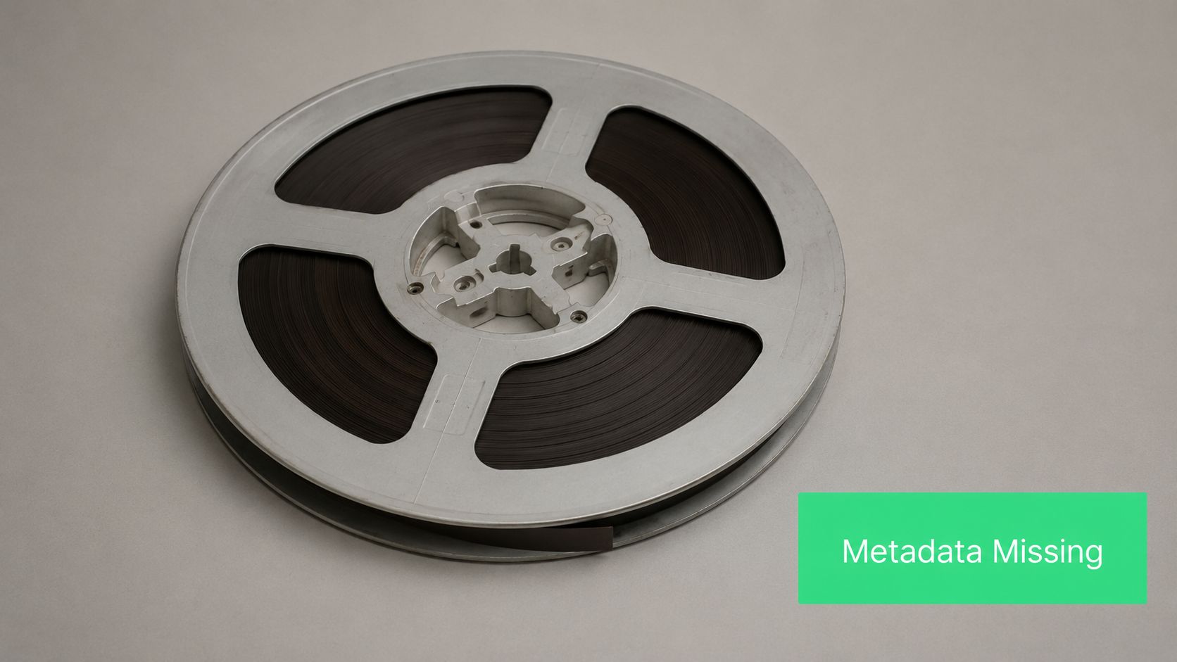 A vintage metal film reel with magnetic recording tape resting on a light gray surface.