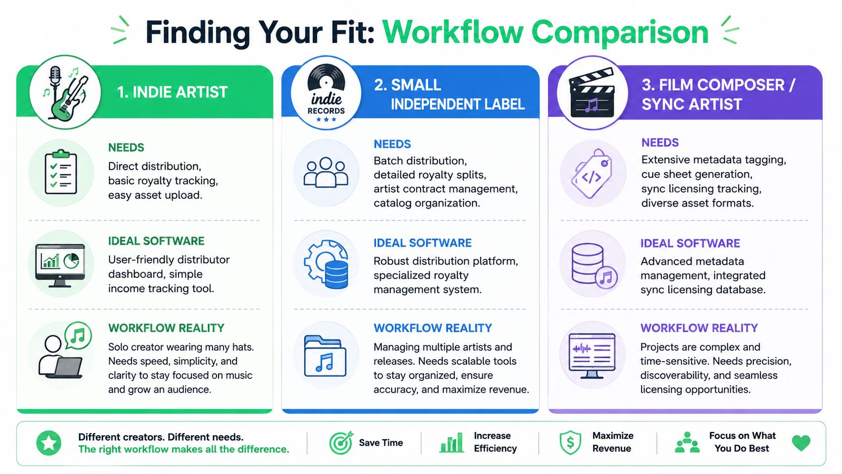 An infographic comparing workflow needs and software solutions for indie artists, independent labels, and film composers.