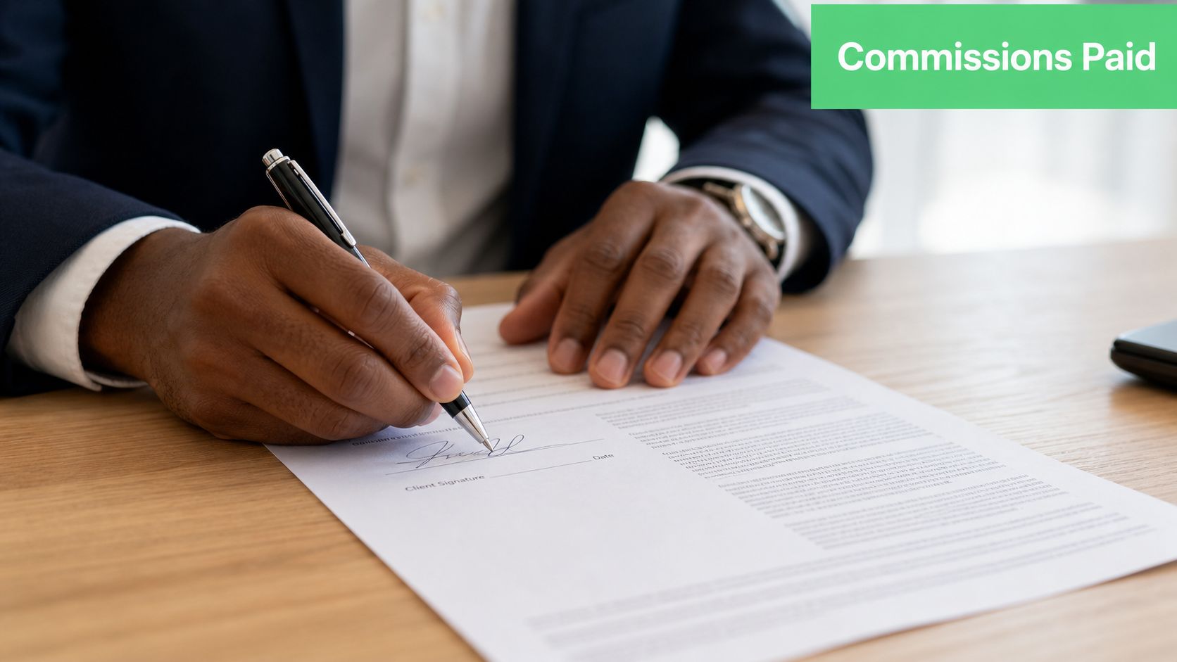 A professional person wearing a suit signs a formal contract on a wooden office desk.