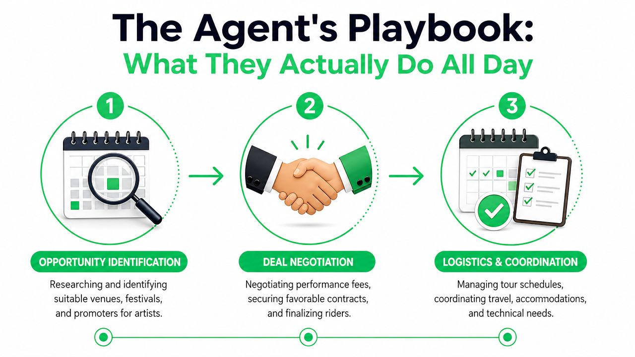 A three-step infographic illustrating the responsibilities of a talent agent including opportunity identification, deal negotiation, and logistics.