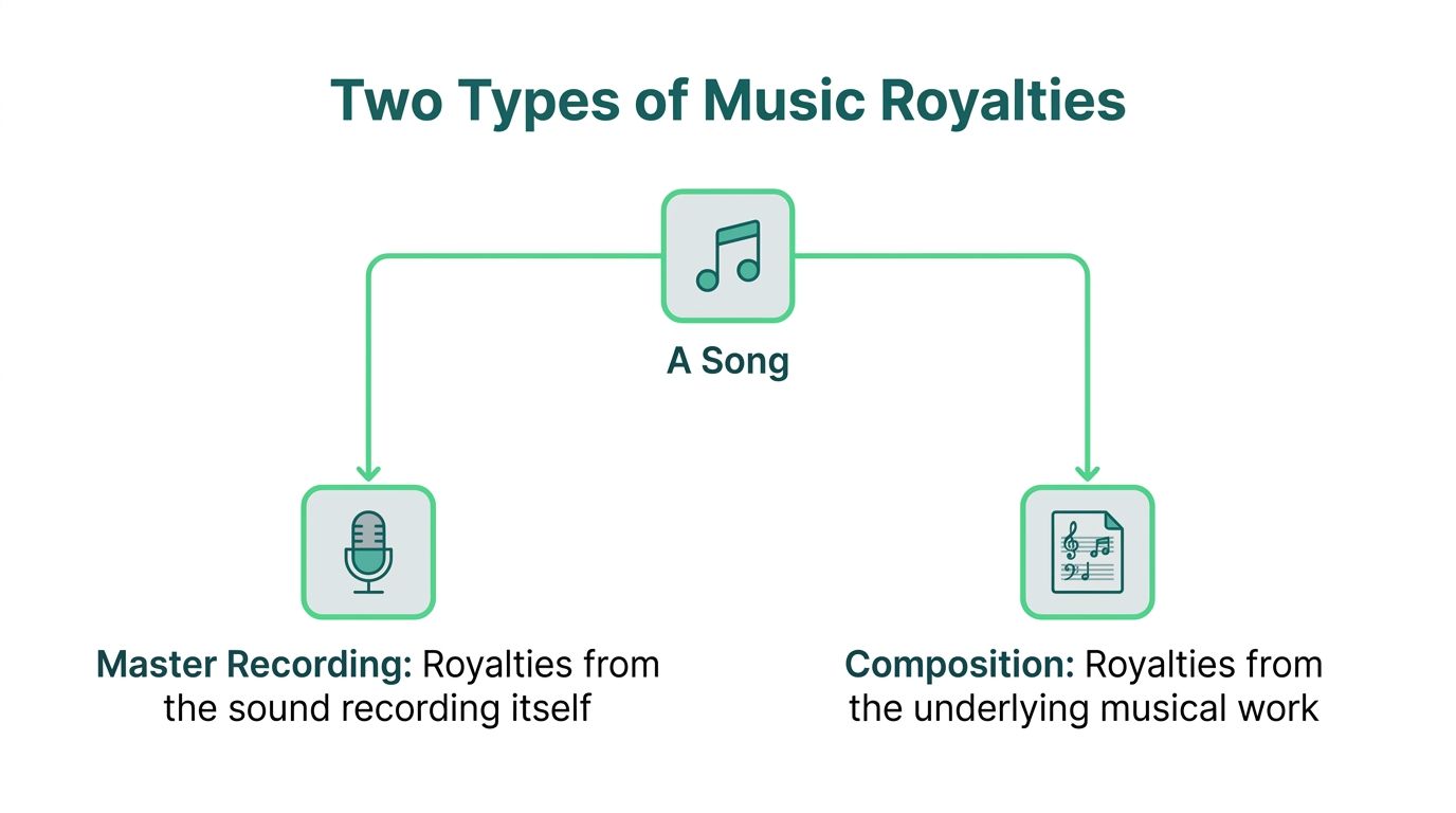 A diagram illustrating the two types of music royalties: master recordings and the underlying musical compositions.