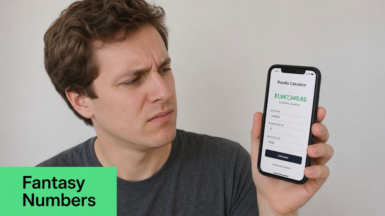 A man wearing a grey shirt looks confused while holding a smartphone displaying a book royalty calculator.