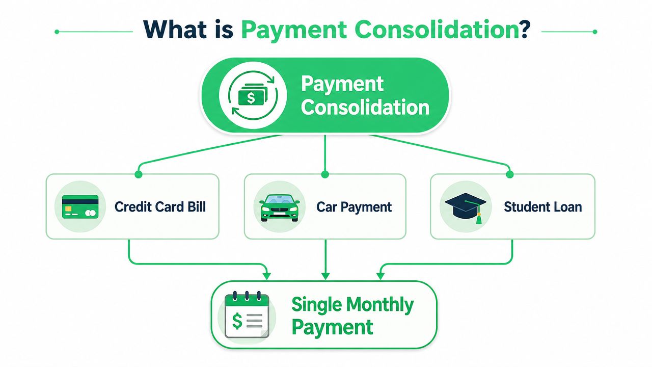 A diagram illustrating how multiple debts like credit cards and loans are combined into one monthly payment.