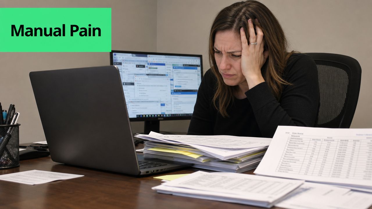 A woman looking stressed while sitting at a desk with a computer and piles of paperwork.