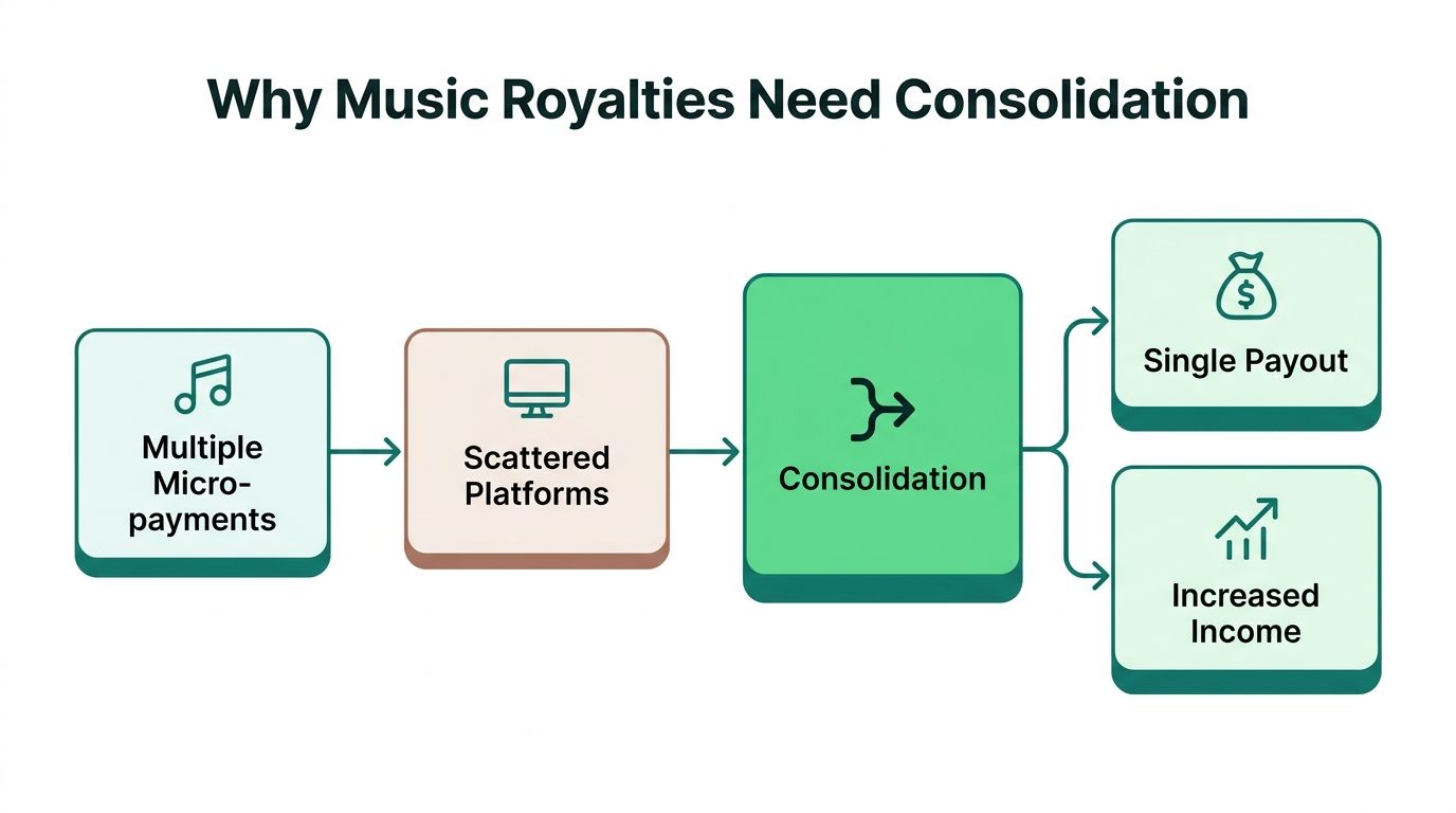 A diagram explaining why music royalties need consolidation to achieve single payouts and increased income for artists.