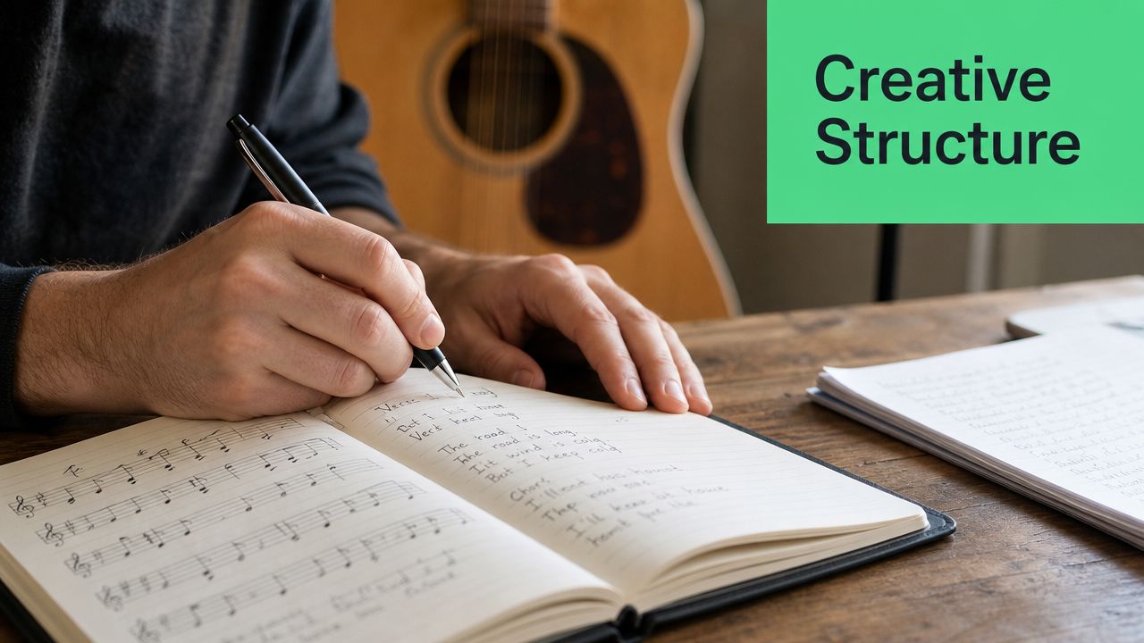 A musician writing down lyrics and musical notation in a notebook while a guitar sits nearby.