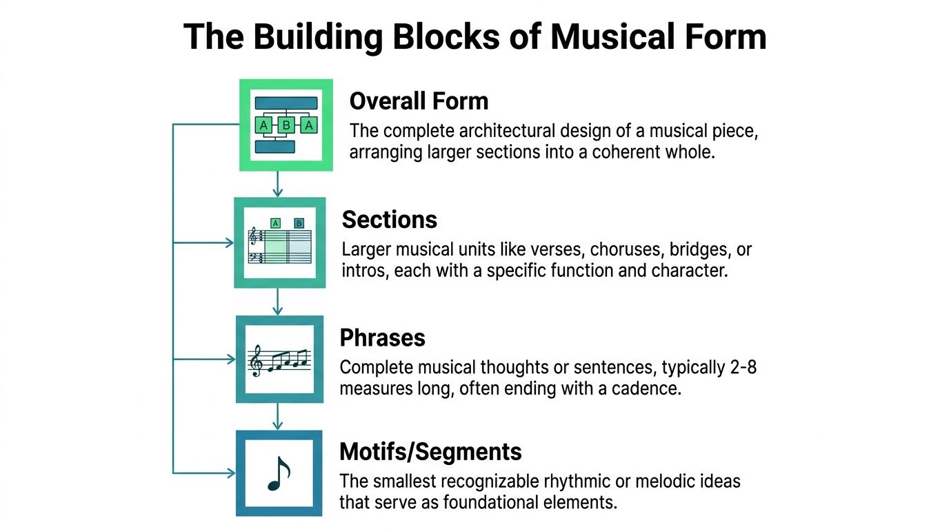 An educational infographic titled The Building Blocks of Musical Form, showing hierarchical levels from overall form to motifs.