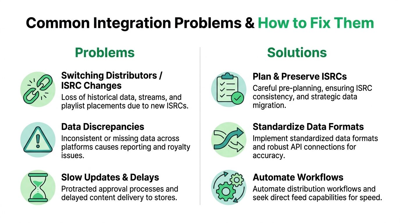 A chart detailing common music integration problems and their respective solutions for content distribution and data management.