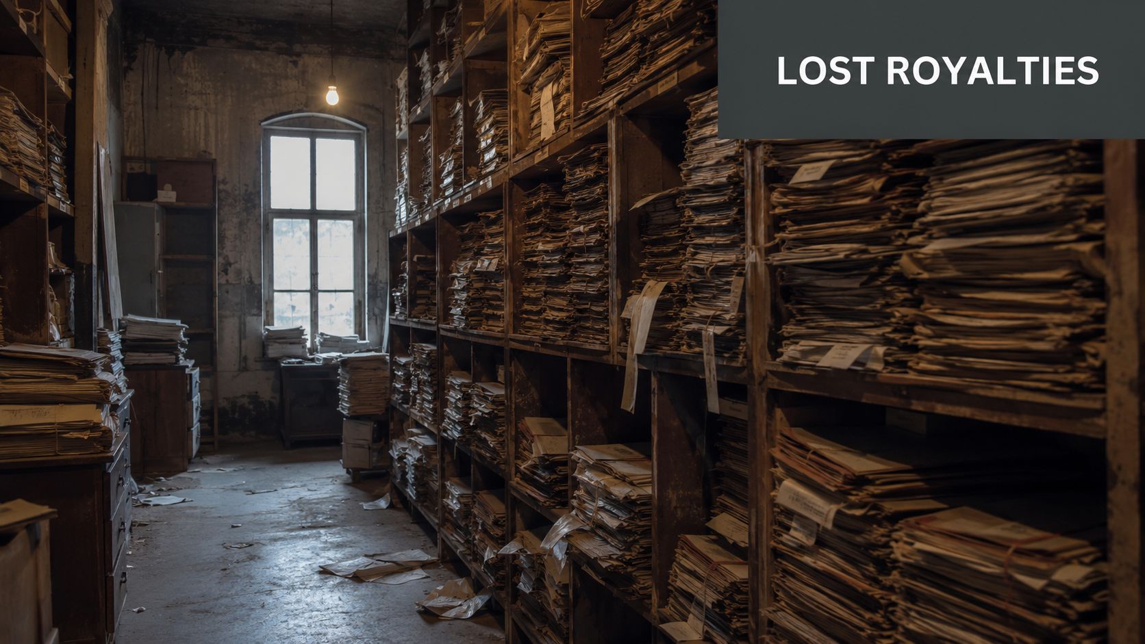 Stacks of old, dusty documents and paperwork organized on wooden shelves in a dimly lit archive.