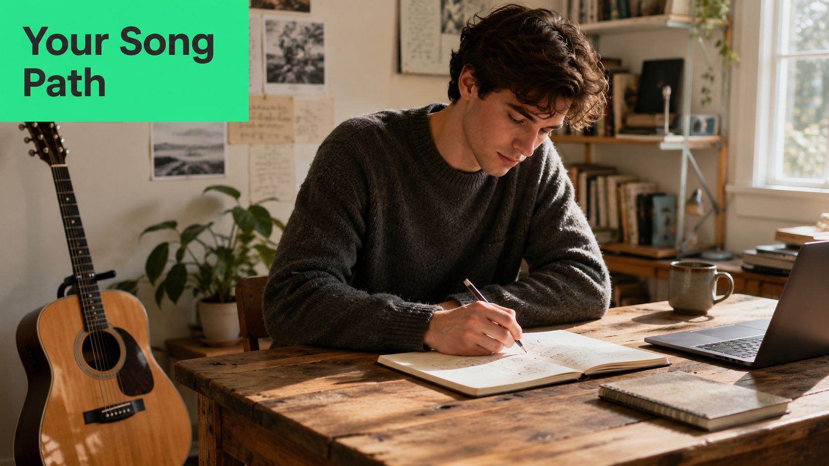 A young man sitting at a wooden desk in a cozy room, writing lyrics in a notebook.