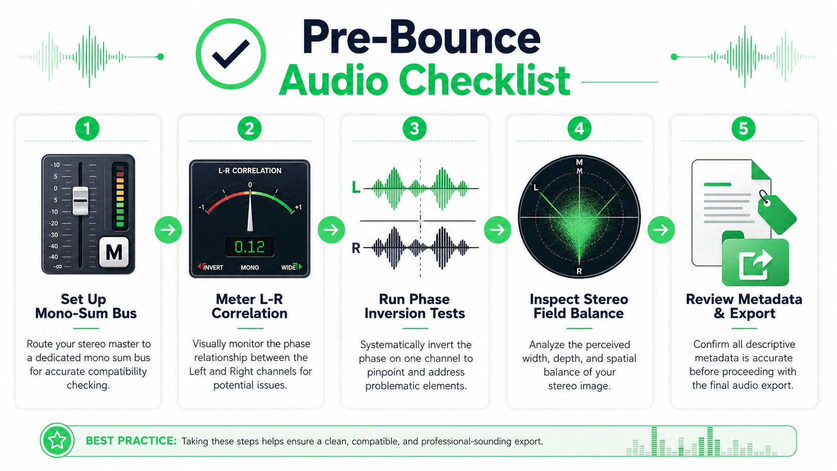 A five-step checklist infographic for audio engineers to perform pre-bounce checks before exporting their music projects.