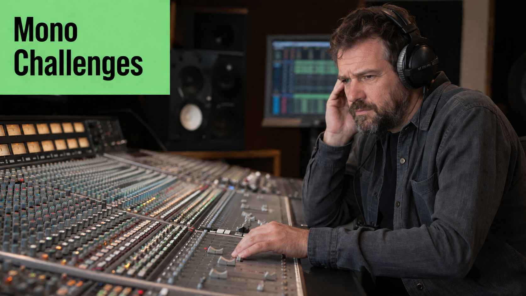 A focused audio engineer wearing headphones while adjusting settings on a large professional studio mixing console.