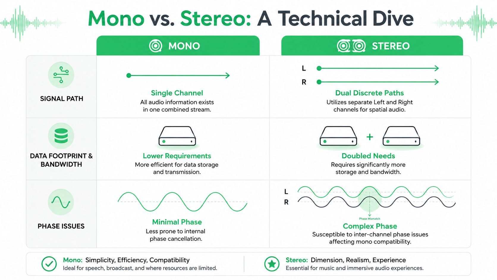 A technical infographic comparing the differences between mono and stereo audio recording formats and their characteristics.