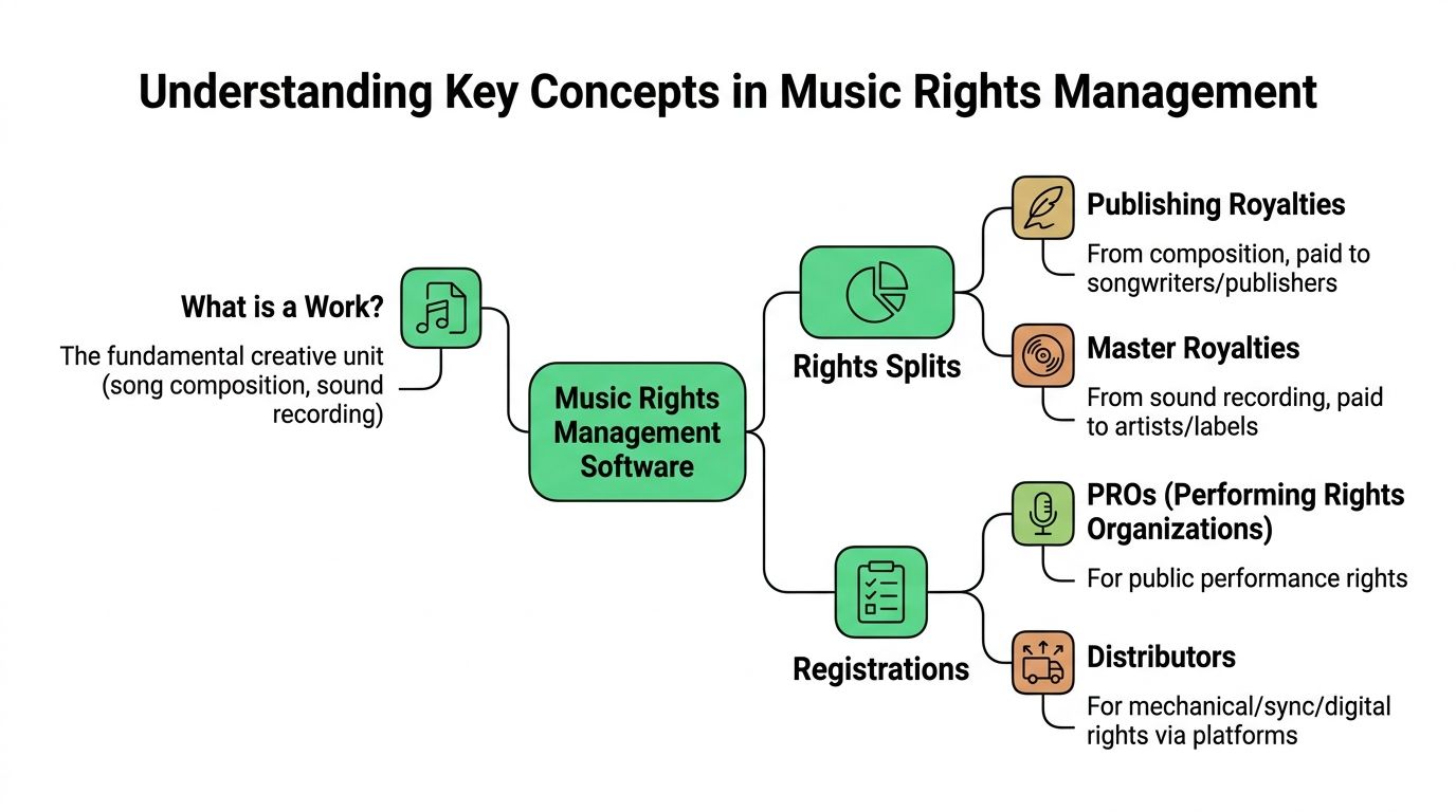 A diagram illustrating how music rights management software tracks works, rights splits, and industry registrations.